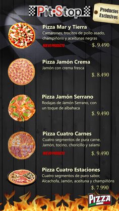 a pizza menu with different toppings on it