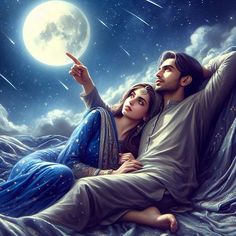 a man and woman laying on the ground under a full moon with stars in the sky