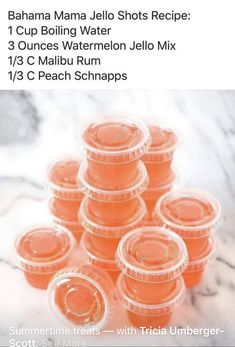 orange jello cups stacked on top of each other with the words, banana mama jello shots recipe