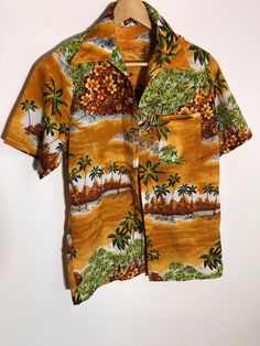 "Orange Hawaiian  Shirt with Palm Trees 100% Polyester Button up Front pocket No tags/ labels.. measurements indicate size as medium Measurements taken while laying flat Neck 5\" Pit to Pit 20\" Sleeves from pit to edge 4\" Length from shoulder to bottom 26\" Purchase price includes free shipping in Canada and the USA International shipping is available, please contact before purchase for shipping quote  Any questions, just ask! Vintage item, regular wear due to age should be expected Any known flaws/ markings will be listed No returns/ exchanges,  but please contact if there is an issue with your item" Grandpa Style, Berets Cap, White Crewneck, Mens Cardigan, Green Tshirt, Aloha Shirt, Beautiful Hats, Hawaiian Shirt, Palm Trees