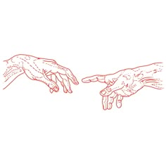 two hands reaching for each other with one hand touching the other's finger, on a white background