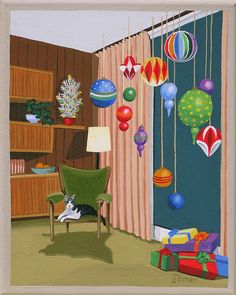 a painting of a living room filled with furniture and colorful balloons hanging from the ceiling