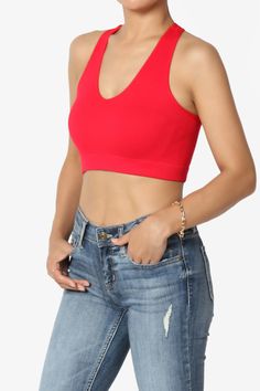 Basic Solid Halter Racerback Seamless Ribbed Stretch Crop Bra Tank Top - TheMogan Teen Street Style, Halter Bra Top, Red Camisole, Pink Activewear, Crop Bra, Halter Bra, Bra Tank, Racerback Top, Spaghetti Strap Tank Top