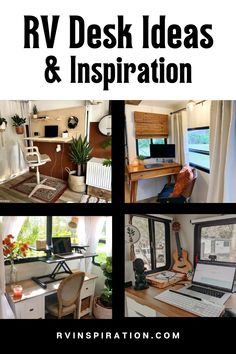 four different pictures with the words rv desk ideas and inspiration