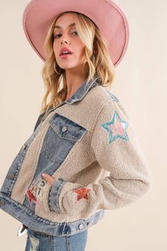 Teddy Denim Contrast Yee Haw Sequin Star Embellished Button Up Jacket This denim jacket is expansive in style, with the perfect amount of dazzle. Whether you're out and about or at an event, you'll be sure to shine in this one-of-a-kind look! Denim Jacket With Star Print, Denim Jacket With Star Print And Long Sleeves, Winter Denim Outerwear With Star Print, Fall Denim Jacket With Star Patch, Fall Denim Jacket With Star Print, Spring Denim Outerwear With Star Print, Trendy Denim Star Print Outerwear, Denim Outerwear With Star Print For Spring, Trendy Denim Outerwear With Star Print