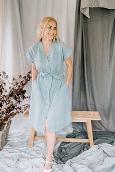 "MsWrinkle's clothing - from human to human. 100% handmade. *Description* - Loose fit shirt dress with short sleeves, buttons, pockets and belt; - High quality European linen; - Washed and softened (doesn't shrink anymore); - Medium weight linen (170 g/m2); - Our linen is OEKO-TEX certified that meets human ecological safety requirements; - Not transparent; - Not ironed and we suggest to use tumble dryer to keep soft and naturally wrinkled look. *Sizes* For perfect fit please send us your bust a Summer Button-up Belted Dress With Buttons, Casual Belted Shirt Dress For The Beach, Summer Short Sleeve Belted Dress With Buttons, Short Sleeve Shirt Dress With Pockets For Beach, Summer Belted Dress With Buttons And Short Sleeves, Casual Short Sleeve Belted Dress For Summer, Spring Short Sleeve Belted Dress With Pockets, Beach Shirt Dress With Tie Waist And Short Sleeves, Spring Belted Dress With Pockets And Short Sleeves