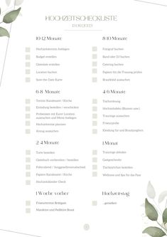 a wedding checklist with flowers and greenery