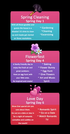 four different types of flowers and the words spring cleaning, flowerfest, love day