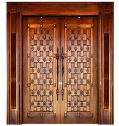 two wooden doors with decorative designs on the front and side panels, one inlaid to each other