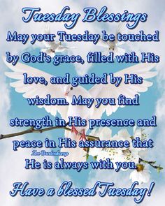 two white doves flying in the sky with words above them that read, today blessing may your tuesday be touched by god's grace, filled with his love and guided by his wisdom