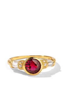 Gold Ring Featuring a Red Bezel Crystal + White Side Crystals | Heirloom by Oomiay Heirloom Rings, Crystal White, Cubic Zirconia, Gold Rings