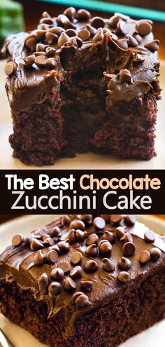 the best chocolate zucchini cake with chocolate chips on top and in the middle