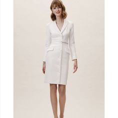 Beautiful Little Ivory Dress By Badgley Mischka. Sleek Silhouette And Collar With A Button Front Closure, Button Sleeves, And Matching Belt. Beckham Suit, Modest White Dress, Courthouse Wedding Dress, Bhldn Dresses, Bhldn Dress, Badgley Mischka Dress, Bridesmaid Dresses Strapless, White Halter Dress, Anthropologie Wedding