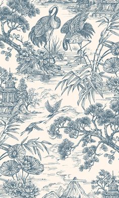 a blue and white wallpaper with birds in the water, plants and trees on it