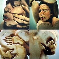 four different images of the same person with their hands on their face and arms around them