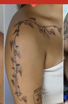 three different pictures of tattoos on the back of women's bodies, one with flowers and leaves