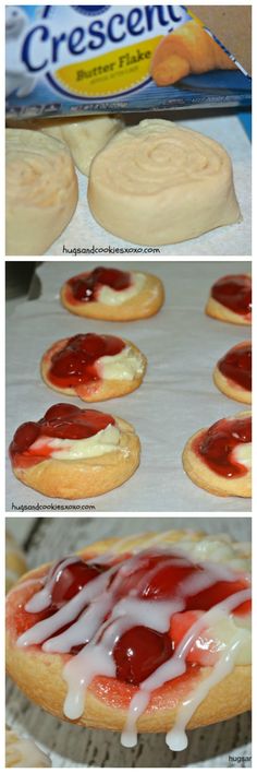 the process of making strawberry shortcakes with cream cheese and jelly on top is shown