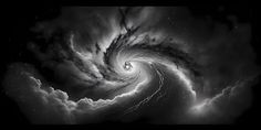 an abstract black and white photo of a swirl in the sky with stars around it