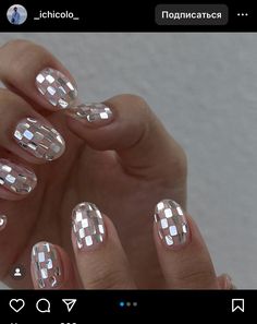 Funky Wedding Nails, Chrome Checkered Nails, Fun Short Nail Designs, Short Rhinestone Nails, Disco Ball Nails, Sequins Nails, Nurse Nails, Stud Nails, Vintage Nail Art