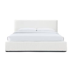 a bed with white linens and pillows on top of the headboard, in front of a white background