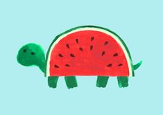 a drawing of a watermelon turtle on a blue background