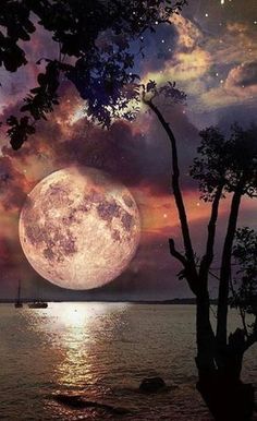 the full moon is shining brightly in the night sky over water with boats floating on it