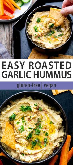 an easy roasted garlic hummus recipe with carrots and parsley