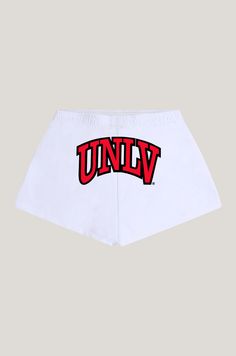 Basic booty shorts with elastic waistband and side pockets. Printed logo on the back. About the Style: 95% Cotton, 5% Spandex Sits on the hip. Option to fold waistband Screen Print logo University Red Cotton Sporty Shorts, Streetwear Shorts With Logo Waistband, Soffe Shorts, Print Logo, Large White, Screen Printing, ? Logo