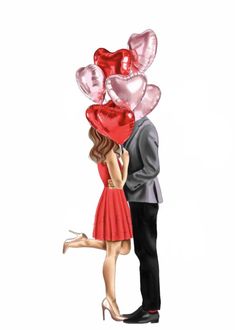 a man and woman kissing with heart shaped balloons