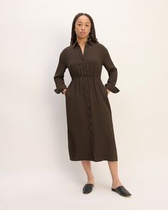 The Mini Jacquard Stripe Shirt Dress Cocoa / Black – Everlane Classic Button-up Midi Dress For Fall, Casual Long Sleeve Midi Dress With Button Cuffs, Long Sleeve Dresses With Roll-up Sleeves For Daywear, Fall Midi Dress With Spread Collar, Relaxed Fit Long Sleeve Dress With Roll-up Sleeves, Casual Midi Dress With Fitted Waist For Work, Fall Dresses With Cuffed Sleeves, Casual Collared Midi Dress With Button Cuffs, Chic Shirt Dress With Cuffed Sleeves For Fall