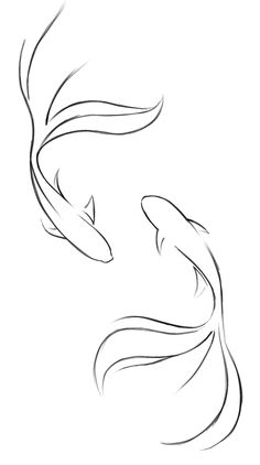 a drawing of two fish swimming in the water, one is black and white with long hair