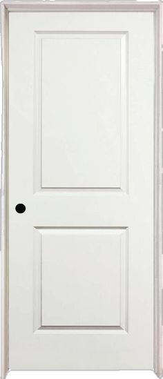 a white door with two black knobs on the front and side panels, against a white background