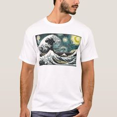 a man wearing a white t - shirt with the great wave painting on it