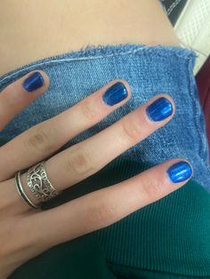 Blue Painted Nails Short, Cool Nail Polish Ideas, Simple Nail Aesthetic, Blue Nail Polish Aesthetic, Blue Nails Aesthetic Short, Cerulean Blue Nails, Chipped Nail Polish Aesthetic, 2011 Nails, Funky Blue Nails