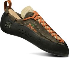 a pair of black and brown shoes with orange laces on the outstrap