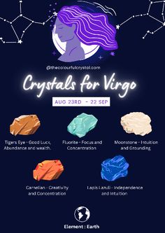 crystals for virgo poster with zodiac signs and stars in the sky above it, on a dark blue background