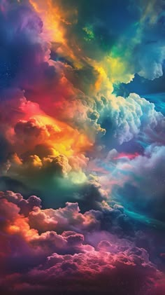 the sky is filled with colorful clouds in different colors and sizes, as well as stars