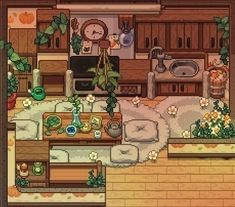 an overhead view of a kitchen and living room in a house with plants on the counter