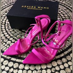 Brand New W/Box 4 1/2” Heels Ombrd Crystal Heel Color: Magenta/Pink Pink Heel Strap Heels For Party, Pink Sandals With 4-inch Heel For Evening, Pink Ankle Strap Feminine Heels, Pink Feminine Ankle Strap Heels, Feminine Pink Ankle Strap Heels, Chic Pink Heels With Ankle Strap, Chic Pink Sandals For Formal Occasions, Chic Pink Ankle Strap Heels, Feminine Pink Heels For Party