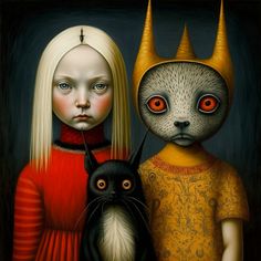 two women and a cat are standing next to each other in front of a dark background