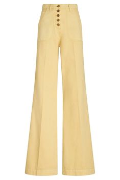 Etro 5 button flare pant in yellow. Cotton Hi Rise Dry Clean Made in Italy Pants Collection, Beach Stores, Yellow Pants, Flare Pant, Marissa Collections, Resort Collection, Bottom Clothes, Denim Pant, Flare Pants