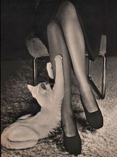 an old photo of a woman sitting on a chair with her feet up next to a cat