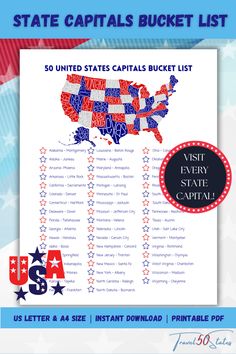 the us states bucket list is shown in red, white and blue