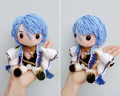 two pictures of a hand holding a small doll with blue hair and white shirt on