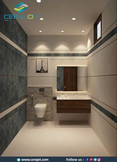 a bathroom with a toilet, sink, and mirror in the middle of the room