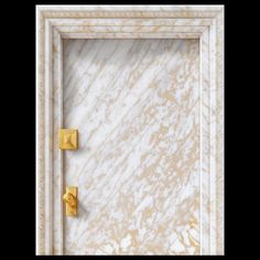 a white and gold marble frame with two golden knobs on the front door to a bathroom