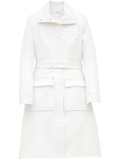 white stretch-cotton faux leather front press-stud fastening belted waist long sleeves mid-length two zip-fastening pockets Courreges Dress, Long Denim Coat, Style Moodboard, Coat White, Versace Outfit, City Dress, Belted Trench Coat, Maximalism, Summer Beach Wear