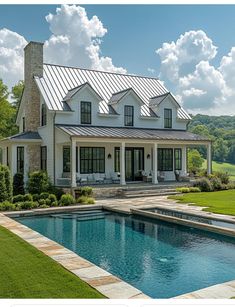 a house with a pool in front of it and a lot of grass around the yard