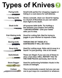 the types of knives are shown in this poster