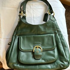 Green Leather. Two Snap Sections With Middle Zipper Section And Outside Snap Closure Pocket. New, No Tags, In Great Condition. Bags Coach, Green Leather, Green Gold, Coach Bags, Green And Gold, Snap Closure, Leather Shoulder Bag, Bag Lady, Shoulder Bag